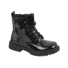 (12 UK Child, Black) Girl PU Leather Lace Up Zip Fastening Ankle Shoes