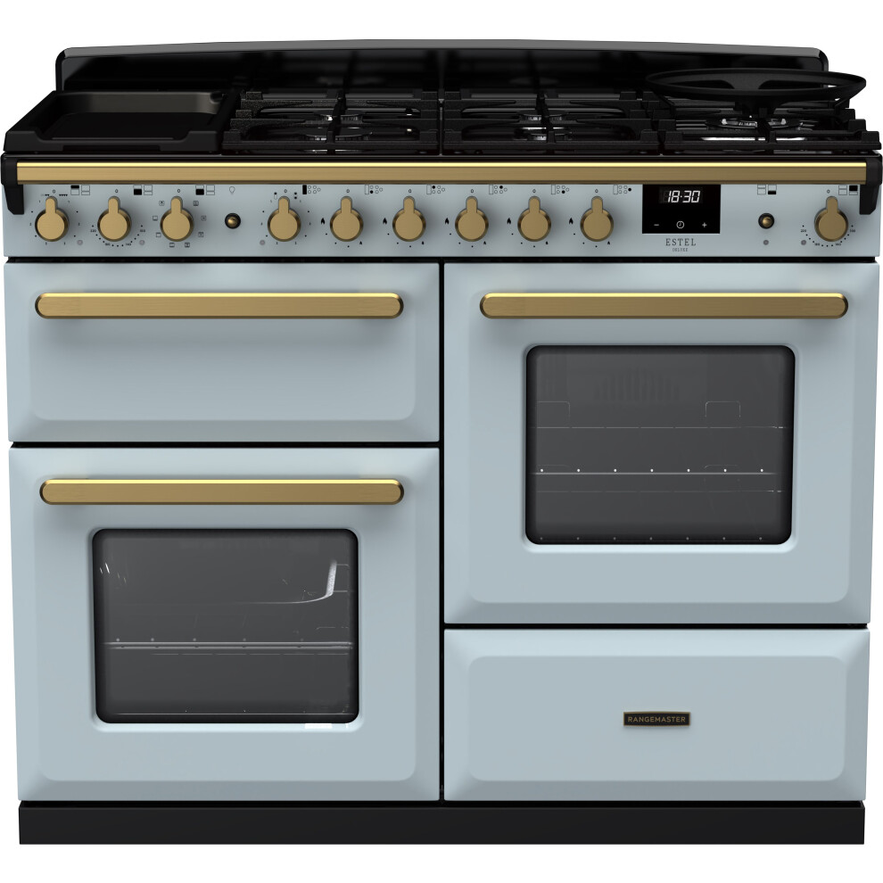 Rangemaster Estel Deluxe 110cm Dual Fuel Range Cooker - Misty Blue / Antique Brass - A/A Rated