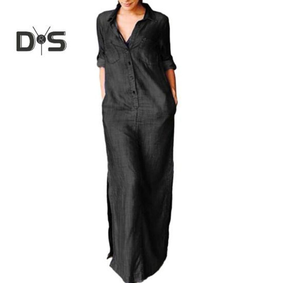 (black, M) Fall Spring Women Dress Solid Color Loose Denim Turn down Collar Long Sleeve Ankle Length Button Split Hem Plus Size Bohemian Commute Maxi Dress