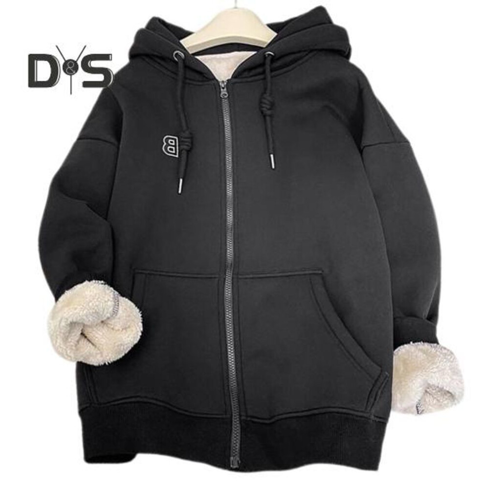 (2XL, black) Unisex Fall Winter Hoodie Coat Drawstring Solid Color Thick Plush Pockets Long Sleeve Elastic Cuff Soft Warm Zipper Closure Hooded Women Men Jacket