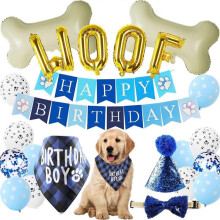 Dog Birthday Party Supplies, Blue Boy Dog Bandana Hat Scarfs Flag Bowtie Birthday Banner Paw Balloons Bone Foil Balloons