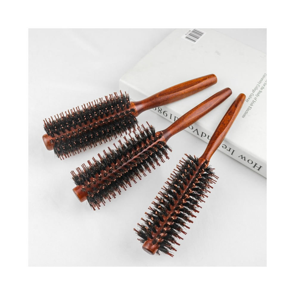 (A2) Brosse ronde professionnelle en bois à poils de sanglier, peigne à lisser et à boucler les cheveux