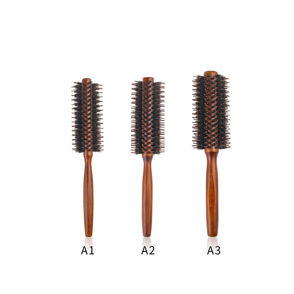 (A1) Brosse à cheveux ronde à poils de sanglier à touffe droite, manche en bois, brosse à cheveux ronde