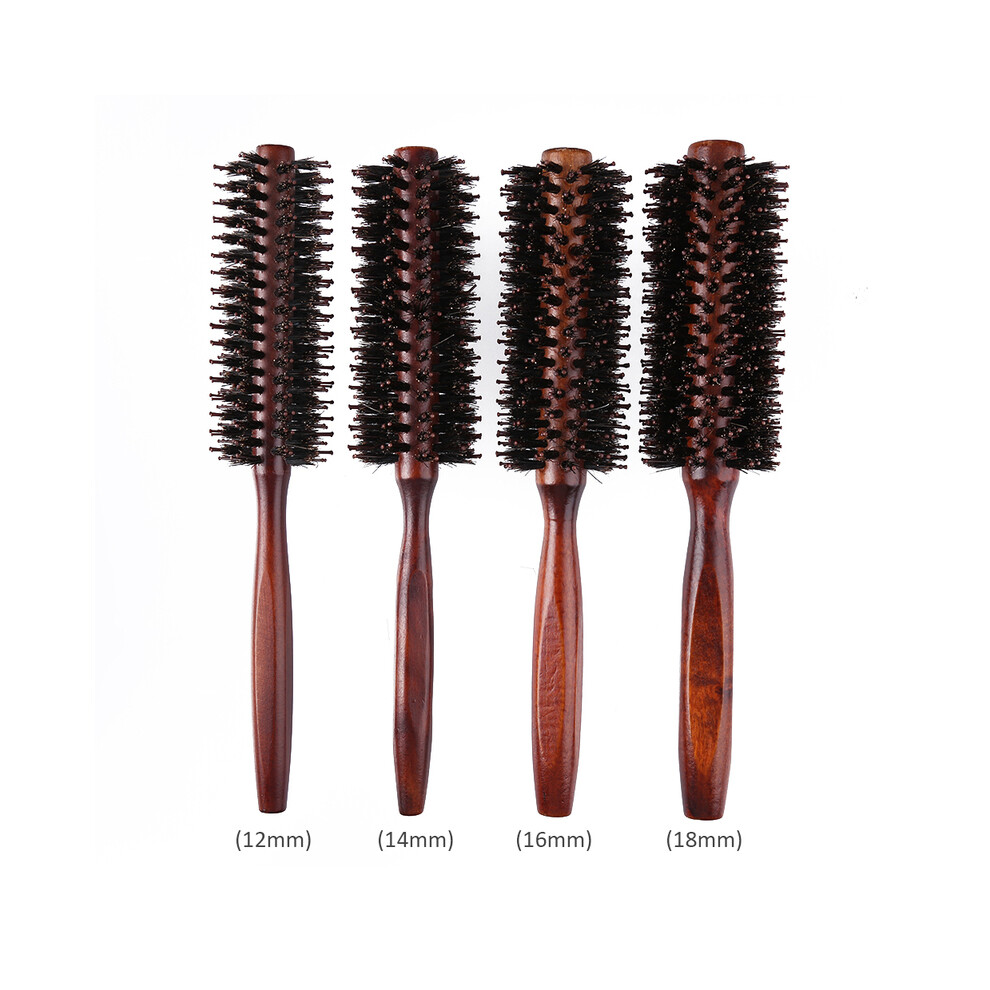 Unisex (12Mm) Wooden Handle Anti-Static Curly Hair Comb Boar Bristles Rotating Round Hair Brush Drum