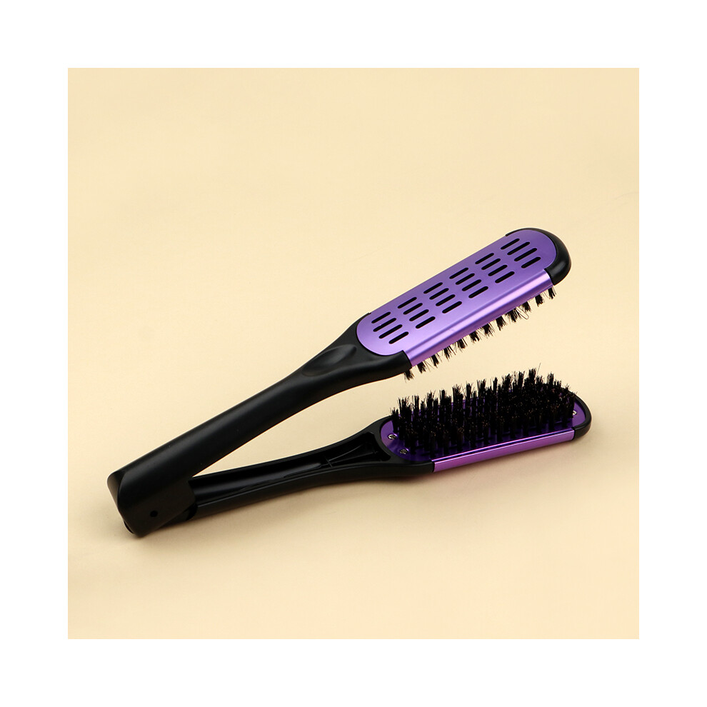 Black/Purple ( Purple)Pro Hairdressing Straightener Nylon Hair Straightener Dual Brushes V-Shaped Comb Clamp,