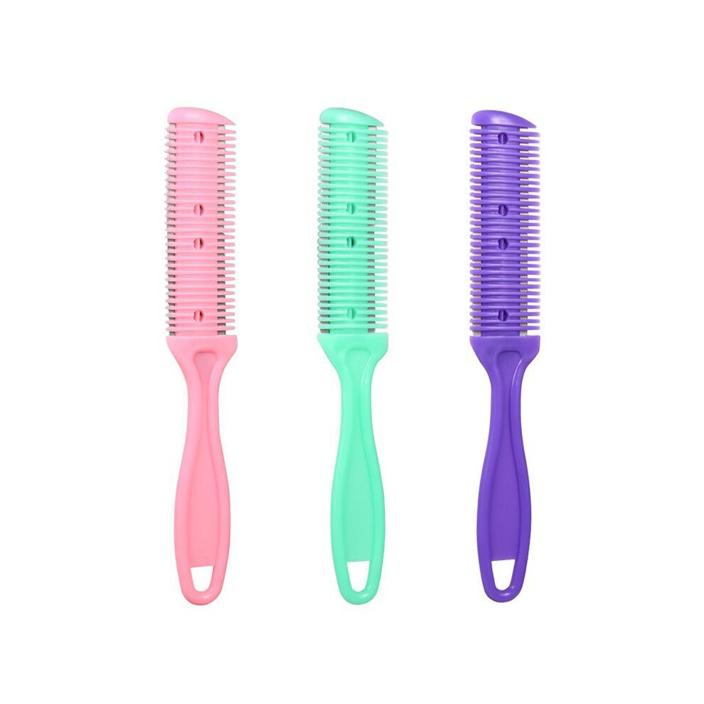(Pink Purple Green)Razor Comb Clipper Double Cut Thinning Styler Side Scissors Tool