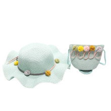 Light Blue-Sun Hat Girls 2-8 Years Child Summer Straw Hats and Small Bag Set with Flower Decoration for Beach Travel Hiking