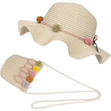 Beige-Sun Hat Girls 2-8 Years Child Summer Straw Hats and Small Bag Set with Flower Decoration for Beach Travel Hiking