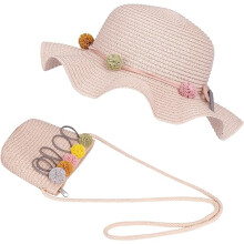 Pink-Sun Hat Girls 2-8 Years Child Summer Straw Hats and Small Bag Set with Flower Decoration for Beach Travel Hiking