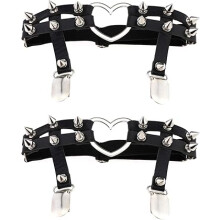 2pcs Black Women Girl Sexy Leather Heart Garters Punk Rock Rivet Stud Leg Ring