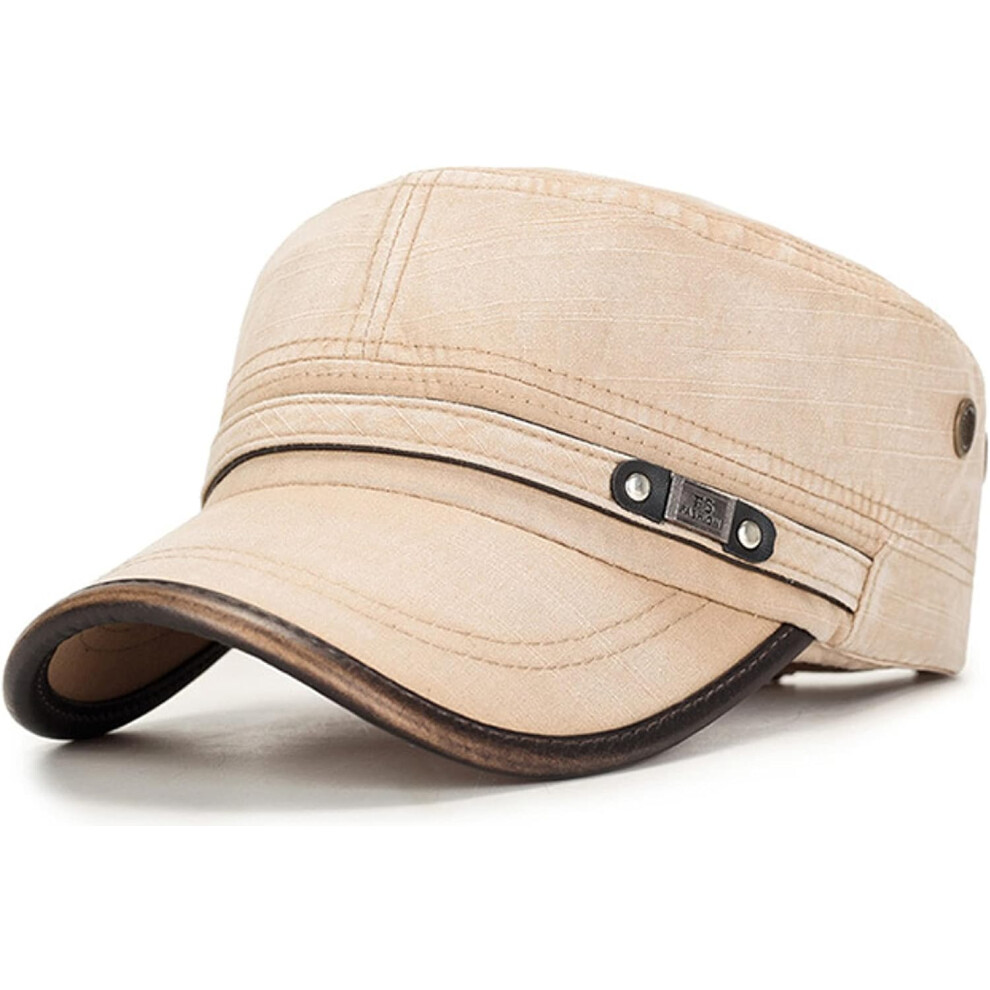 Flat Top Cap, Cotton Baseball Cap, Classic Plain Vintage Army Military Cadet Style Cotton Cap Hat, Adjustable Metal Buckle Classic Caps-Beige Color-image-OPC-PH7ZQQV-NEW