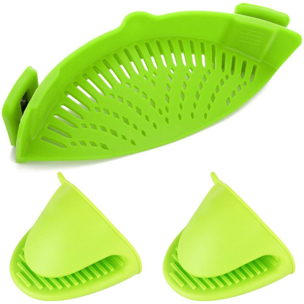 Silicone Snap Strainer with 2 Clips, Hands-free Clip-on Heat Resistant Colander Pour Spout for Pasta Vegetable Noodles Pot bowl Pan - Green-image-OPC-PH7ZRW8-NEW
