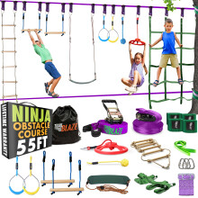 Trailblaze Ninja Warrior Obstacle Course for Kids - Ultimate Outdoor Fun 2x55 Ft Ninja Slackline Climbing Net Rope Ladder Trapeze Swing Monkey Bars -