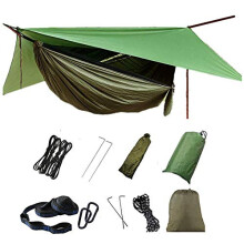 Camping Hammock with Rain Fly Tarp and Mosquito Net Tent Tree Straps, Portable Single Double Nylon Parachute Hammock Rainfly Set for Garden Beach