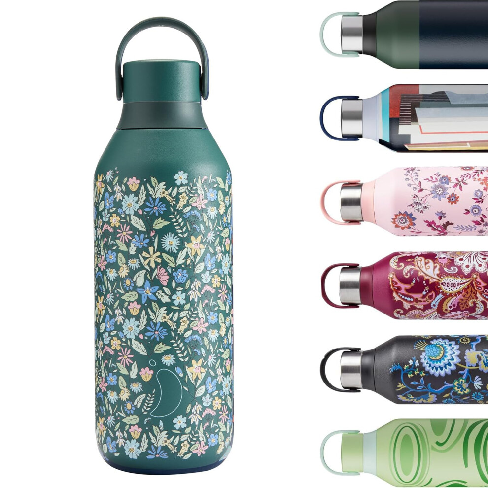 Chilly's Series 2 Water Bottle - Stainless Steel Thermal Bottles with Double Wall Vacuum, Soft Collar & Carry Loop - Summer Sprigs, 500ml