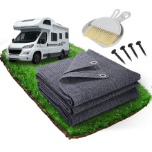 FoundGo Awning Carpet with Eyelets, 300x400cm 280g/m? HDPE Camping Carpet?Outdoor Awning Floor with Carrying Bag?Ground Nails and Small Broom,