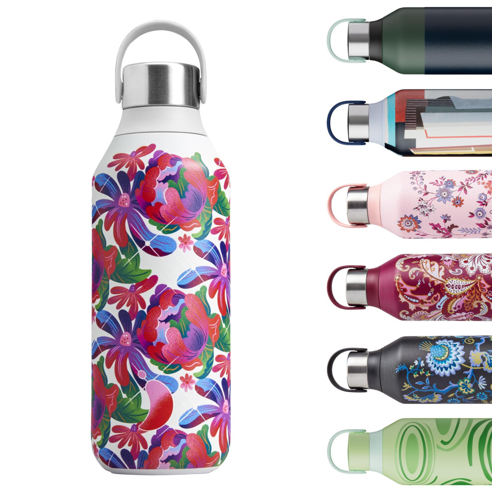 Chilly's Series 2 Water Bottle - Stainless Steel Thermal Bottles with Double Wall Vacuum, Soft Collar & Carry Loop - Peony Tumble, 500ml