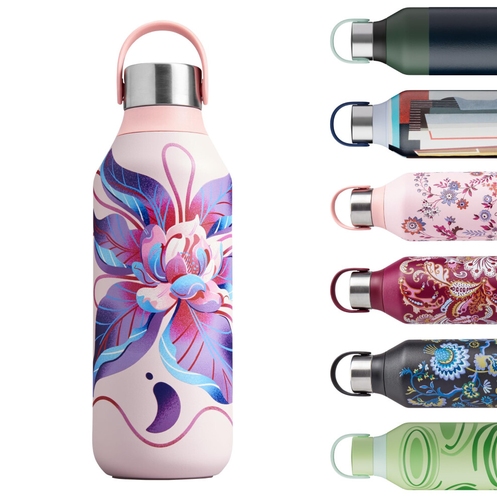 Chilly's Series 2 Water Bottle - Stainless Steel Thermal Bottles with Double Wall Vacuum, Soft Collar & Carry Loop - Magnolia Twist, 500ml