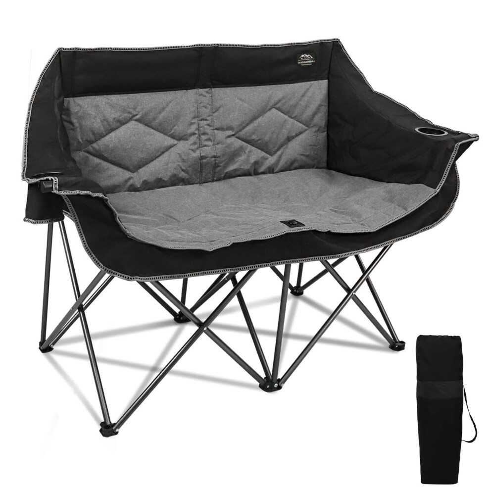 LANMOUNTAIN Folding Loveseat Camping Chair, Portable Double Chair w/Cup Holder,Wine Glass Holder,Carry Bag Heavy Duty Lawn Chair for 2 Adults,Perfect