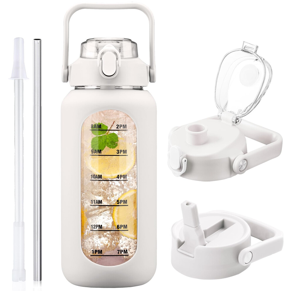 HYDRAGLAZIC 2L Glass Water Bottle with 2 Lids Flip and Chug Lids 2 Liter Large Water Jug with Time Marker and Silicone Sleeve BPA Free Leak-proof for-image-OPC-PH825BX-NEW