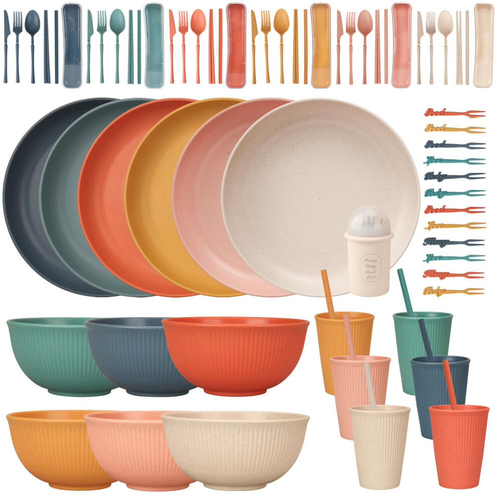 Csyy 66Pcs Unbreakable Tableware Sets For 6 People, Plastic Plates And Bowls Set,Lightweight Colorful Plastic Camping Plates, Bowls, Cups,Cutlery Set,