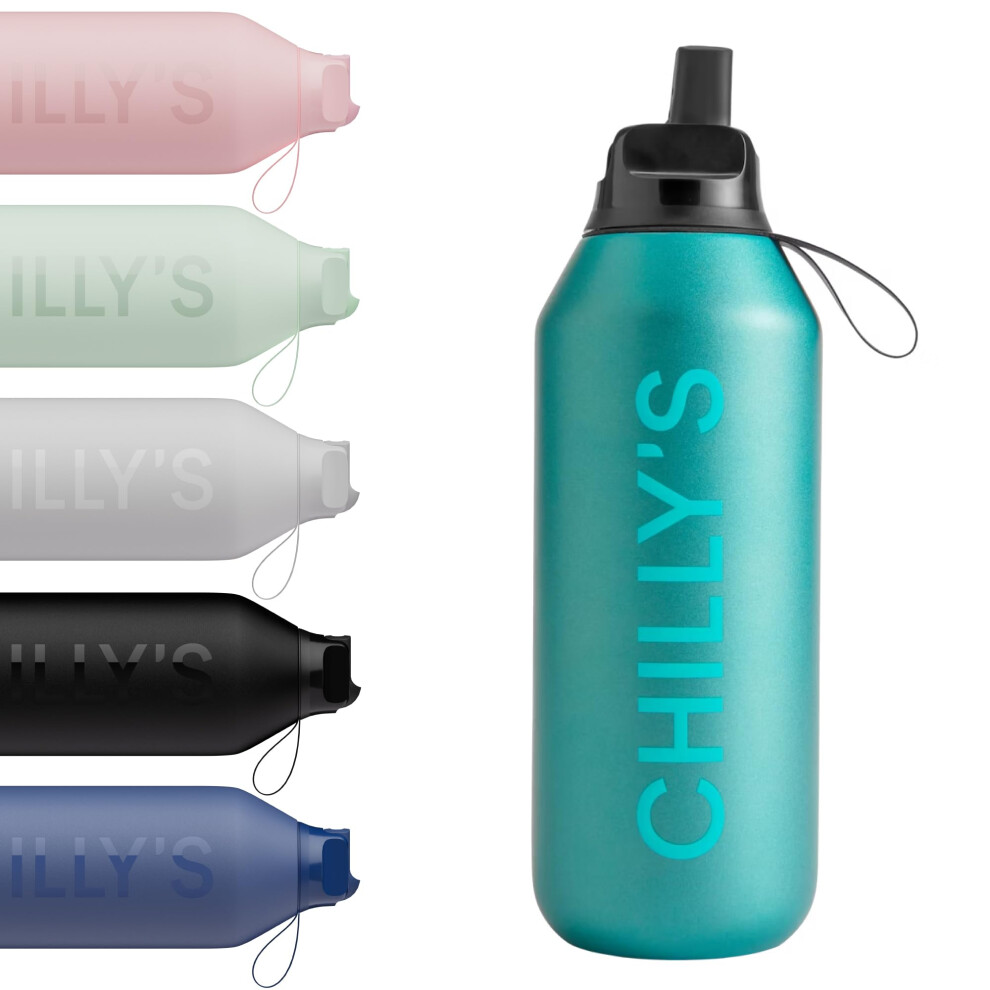 Chilly's Series 2 Flip Water Bottle with Sports Flip Lid, Telescopic Straw and Nylon Carry Loop - Easy Flip Lid, Straw Cleaning Brush Included - 500ml