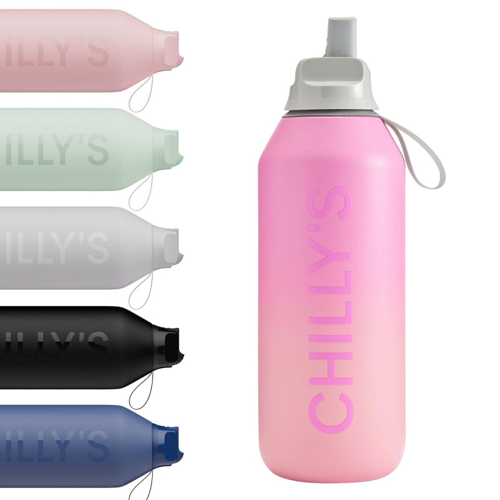 Chilly's Series 2 Flip Water Bottle with Sports Flip Lid, Telescopic Straw and Nylon Carry Loop - Easy Flip Lid, Straw Cleaning Brush Included - 500ml