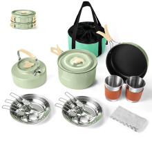 Odoland Camping Cookware Set Non-Stick Pot and Pan Set with Kettle, Stainless Steel Utensils Mess Kit, Cups Plates Knives Spoons Forks for Outdoor