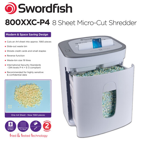 SWORDFISH 800XXC-P4 Micro Cut High Security Paper/Document Shredder [40388], White 1