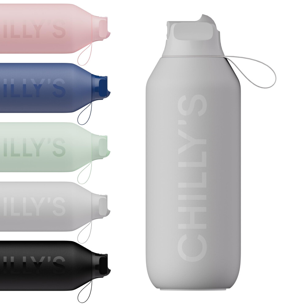 Chilly's Series 2 Flip Water Bottle with Sports Flip Lid, Telescopic Straw and Nylon Carry Loop - Easy Flip Lid, Straw Cleaning Brush Included - 500ml