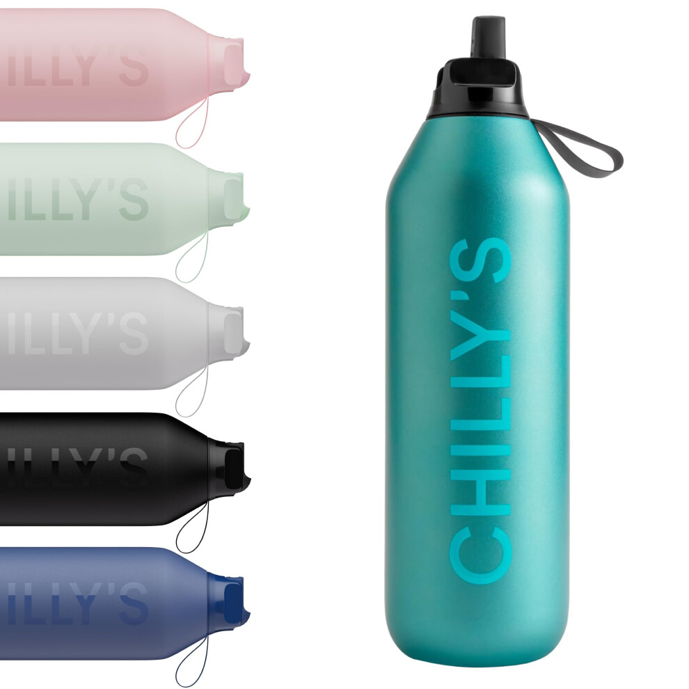 Chilly's Series 2 Flip Water Bottle with Sports Flip Lid, Telescopic Straw and Nylon Carry Loop - Easy Flip Lid, Straw Cleaning Brush Included -