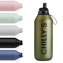 Chilly's Series 2 Flip Water Bottle with Sports Flip Lid, Telescopic Straw and Nylon Carry Loop - Easy Flip Lid, Straw Cleaning Brush Included - 500ml