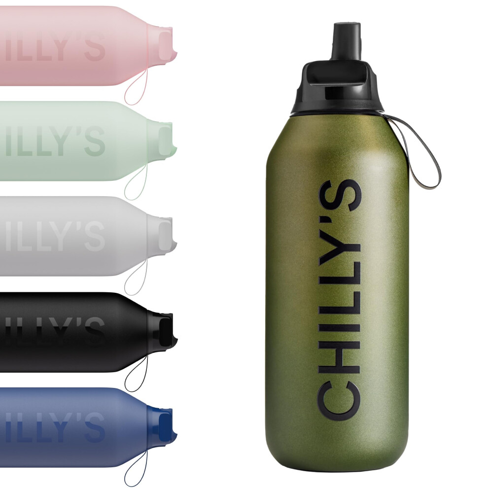 Chilly's Series 2 Flip Water Bottle with Sports Flip Lid, Telescopic Straw and Nylon Carry Loop - Easy Flip Lid, Straw Cleaning Brush Included - 500ml