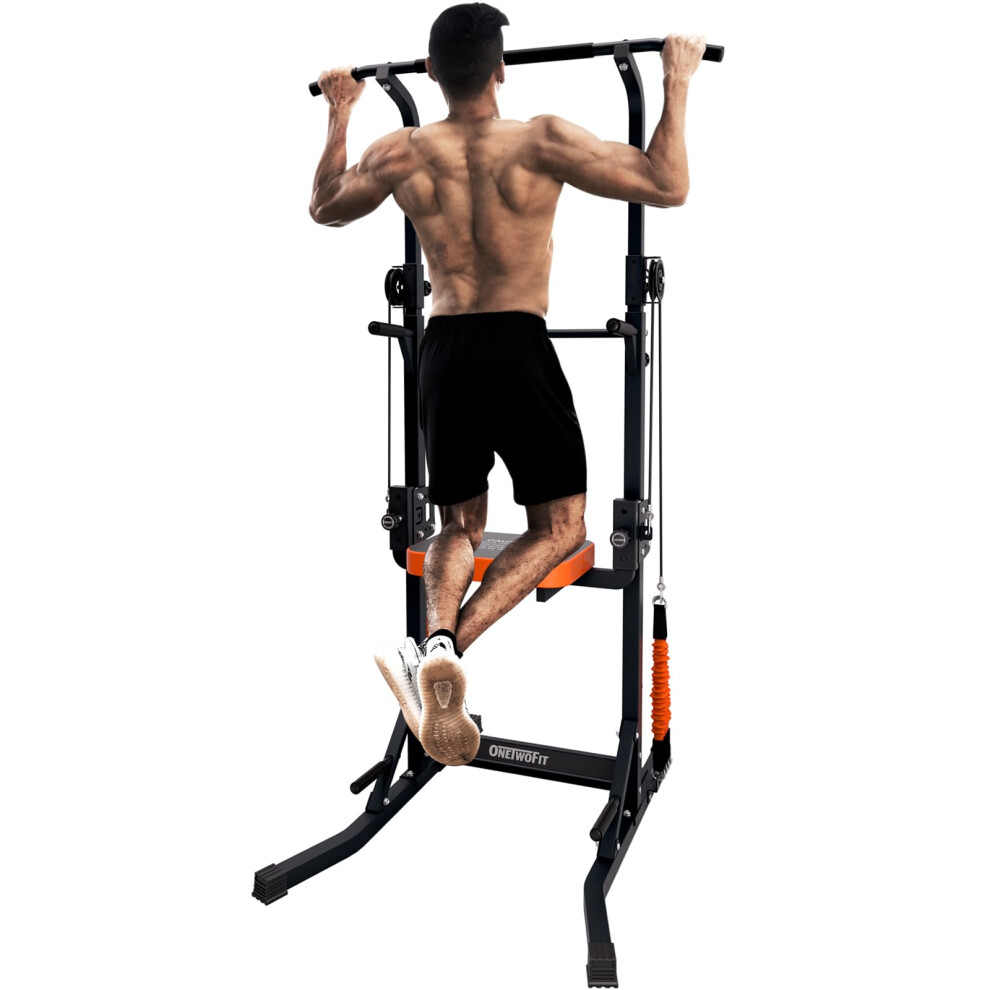 ONETWOFIT Foldable Power Tower Pull Up Bar Station, Multi-Function Adjustable Height Dip Station for Home Gym Workout, Wall mounted pull up, Pull Up