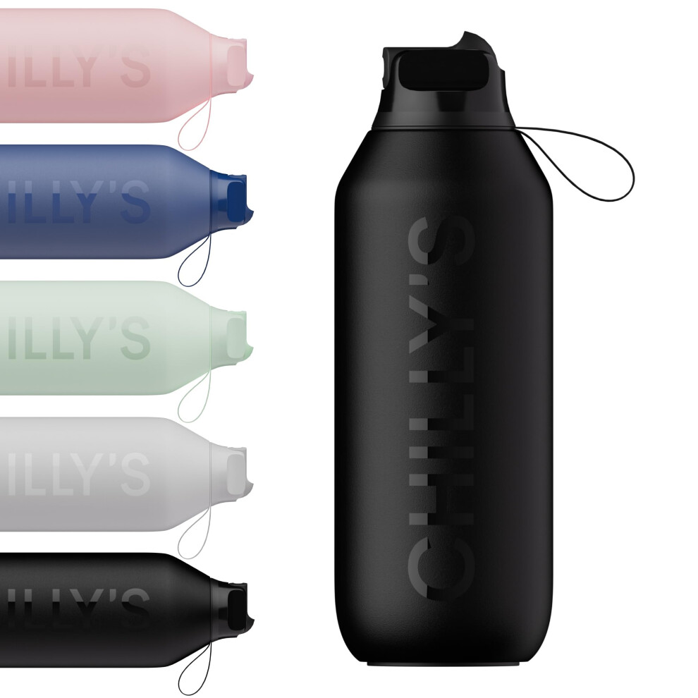 Chilly's Series 2 Flip Water Bottle with Sports Flip Lid, Telescopic Straw and Nylon Carry Loop - Easy Flip Lid, Straw Cleaning Brush Included - 500ml