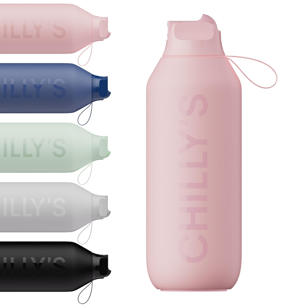 Chilly's Series 2 Flip Water Bottle with Sports Flip Lid, Telescopic Straw and Nylon Carry Loop - Easy Flip Lid, Straw Cleaning Brush Included - 500ml