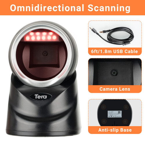 Tera Pro 2D QR Desktop Barcode Scanner Omnidirectional Adjustable Scan Head, USB Wired Handsfree Platform Automatic Bar Code Reader for Market Retail 1