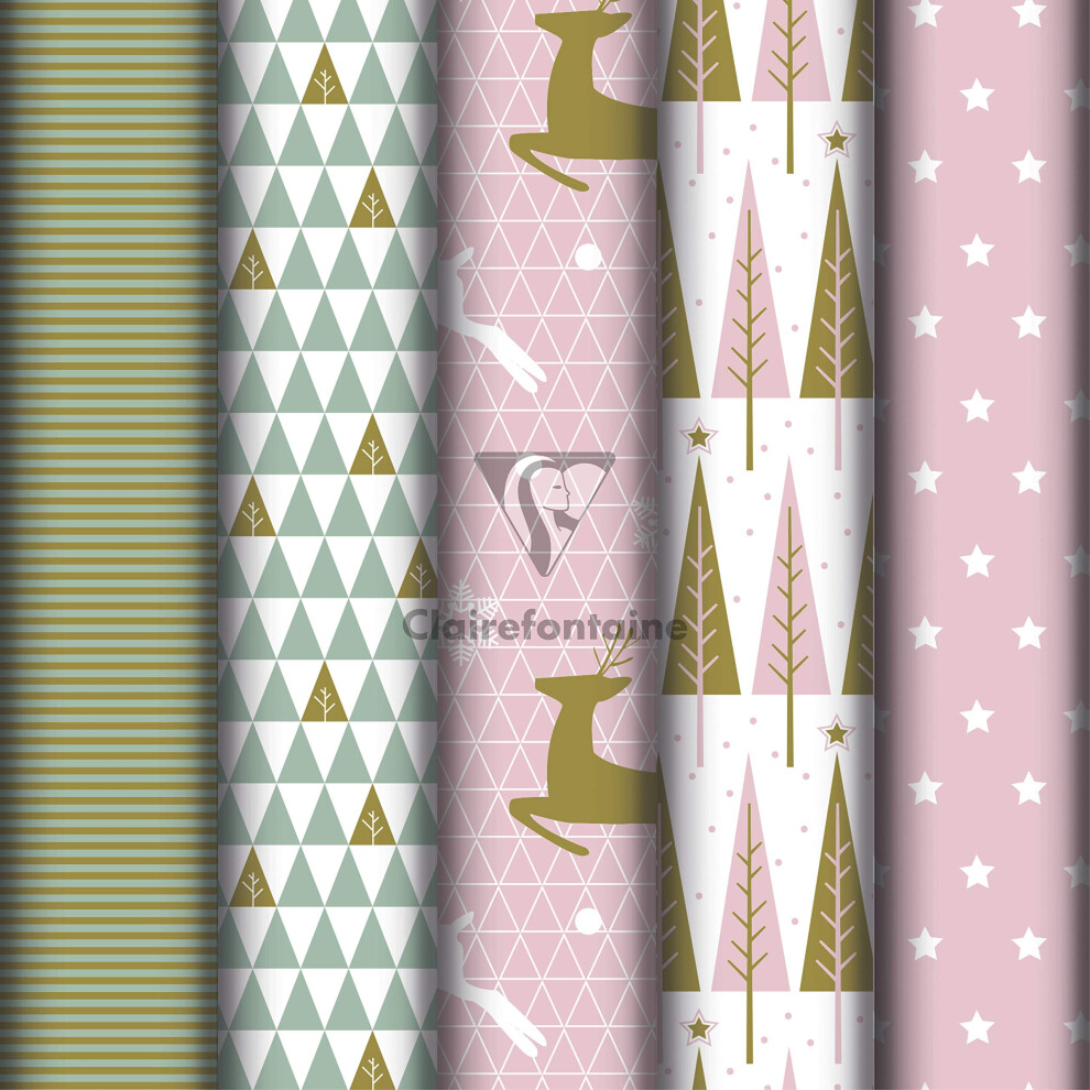 Clairefontaine Pink/Gold 201965Amzc - A Box Of 10 Rolls Of Gift Wrapping Paper - Excellia 80G Paper - Dimensions: 5X0.70m - Pattern: Christmas, Fir