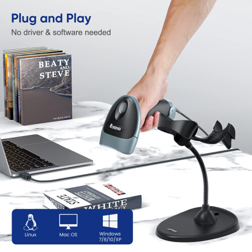 Eyoyo Handheld 2D Barcode Scanner with Gooseneck Stand, Automatic USB Wired QR Code Scanner Bar Code Reader Support Screen Scanning for PC POS System 2