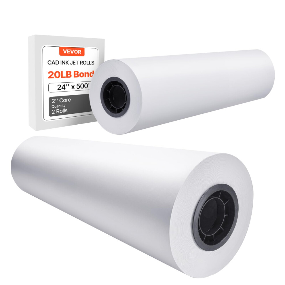 VEVOR Wide Format Paper, 24 in x 500 ft Plotter Paper, 2 Rolls CAD Bond Rolls with 3 in Core, 20 LB Bond Paper Rolls, Idea for CAD Drawings,