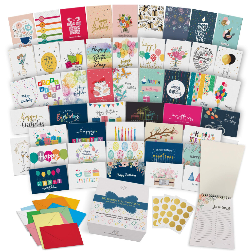 Dessie Gold 100 Unique Birthday Cards Assortment With Greetings Inside For Businesses And Individuals.100 Assorted Color Envelopes, Seals, Birthday