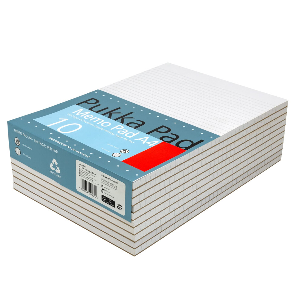Pukka Pad, A4 8mm Ruled Memo Pad ? Pack of 10 ? 160 Pages, 80 Sheets of Unpunched 60GSM Paper Per Pad ? Glue Top-Bound, Thick Card Back Cover for-image-OPC-PH828BR-NEW