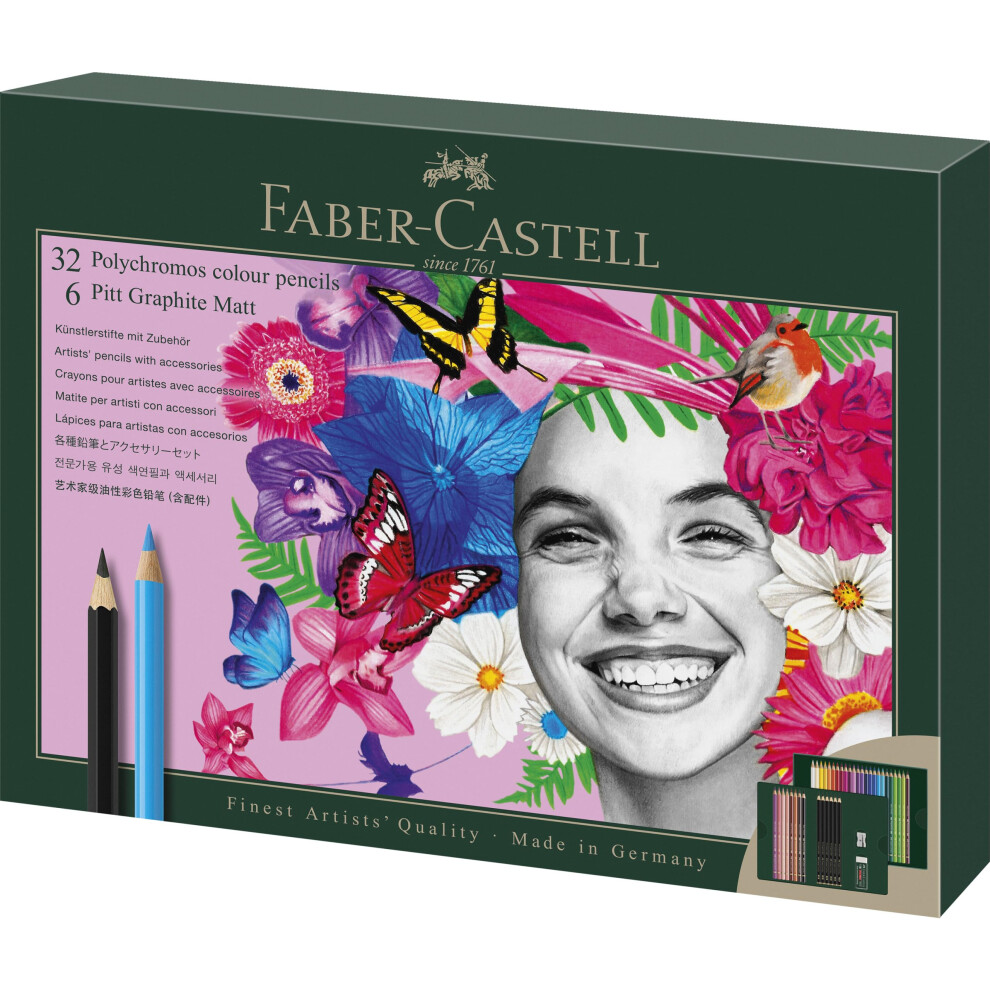 Faber-Castell 210053 Polychromos Colouring Pencils, Set of 32 Colouring Pencils, Bright Colours with Thick 3.8mm Leads, Includes 6 Pitt Graphite Matt