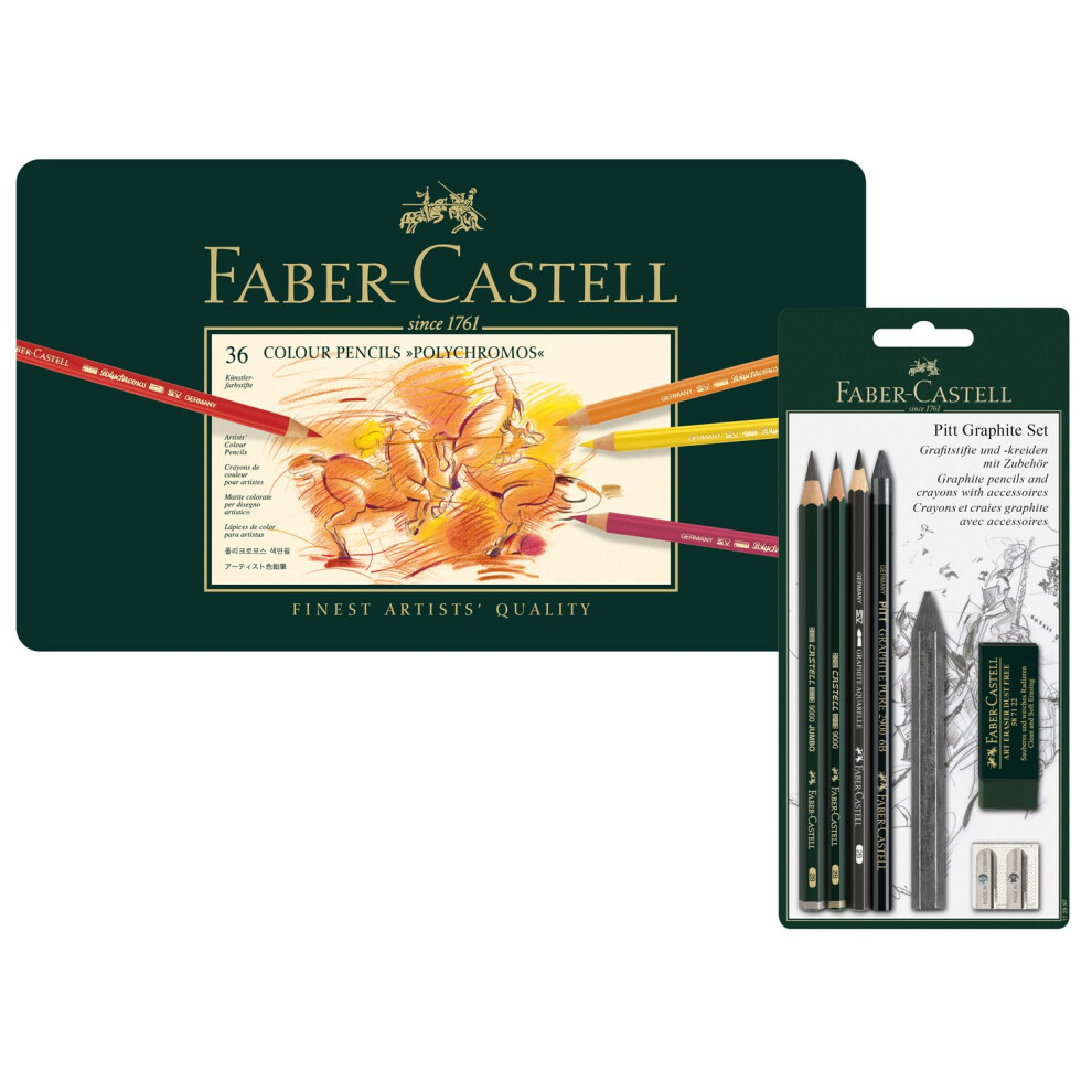 Faber-Castell Polychromos 110095 Colouring Pencils in Metal Case and Pitt Graphite Set of 36