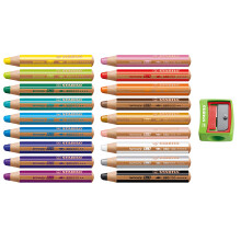 STABILO - Colouring Pencil, Watercolour & Wax Crayon - Woody 3 in 1 - Pack of 18 with Sharpener in Green