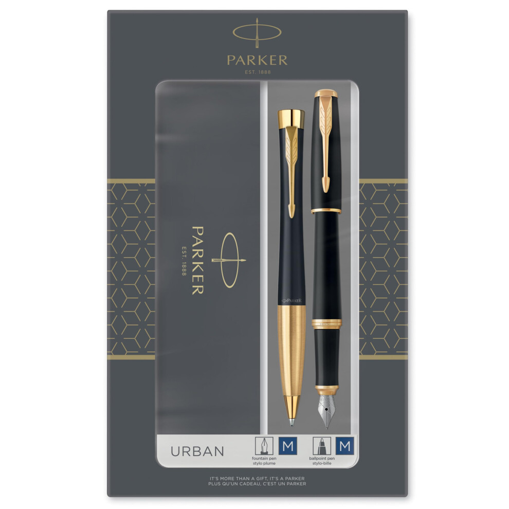 Parker Urban Duo Gift Set With Ballpoint Pen & Fountain Pen| Muted With Trim | Ink Refill & Cartridge Black/Gold/Blue