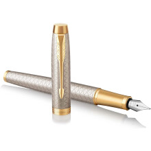 Parker Pen IM Premium Metal Fountain Pen - Warm Silver Champagne with Diamond Pattern - Gold Trim - Fine Nib - Black Ink - Gift Boxed