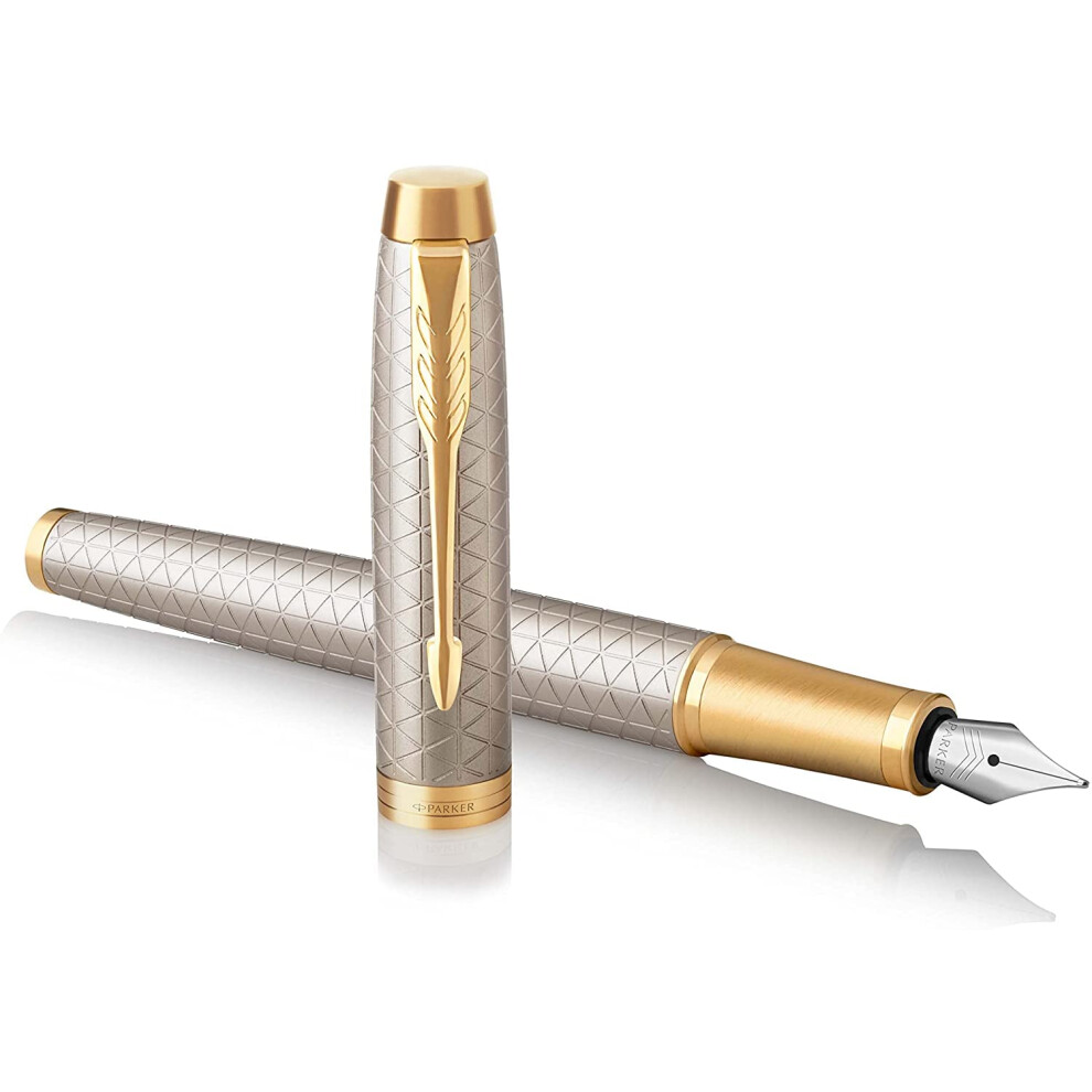 Parker Pen IM Premium Metal Fountain Pen - Warm Silver Champagne with Diamond Pattern - Gold Trim - Fine Nib - Black Ink - Gift Boxed