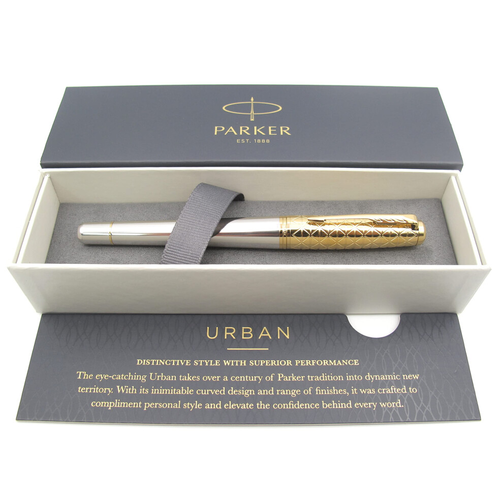 Parker Urban Premium Metal Fountain Pen | Aureate Gold Powder with Intricate Engraved Pattern | Gold Trims | Medium Nib | Gift Boxed