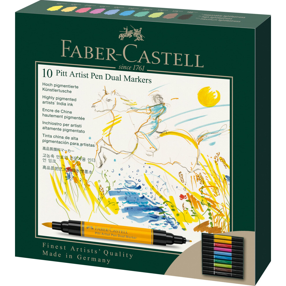 Faber-Castell Art & Graphic Pitt Artist Pen Dual Marker India Ink, Multicoloured, Wallet Of 10, For Art, Craft, Drawing, Sketching, Home, School,